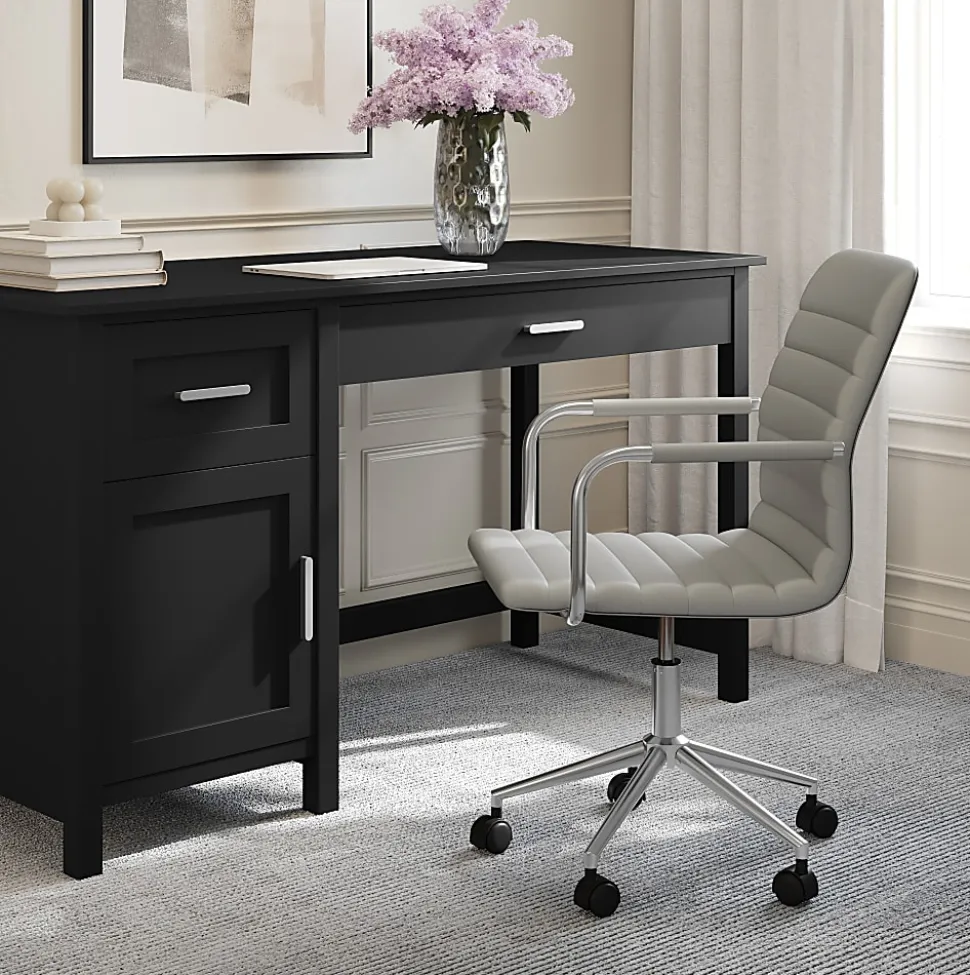 Martha Stewart Taytum Upholstered Office Chair, Gray Faux Leather/Polished Nickel Frame