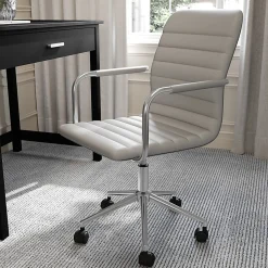 Martha Stewart Taytum Upholstered Office Chair, Gray Faux Leather/Polished Nickel Frame