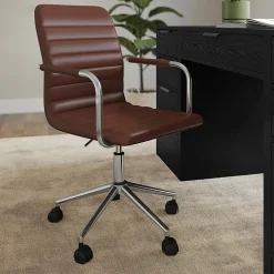 Martha Stewart Taytum Upholstered Office Chair, Saddle Brown Faux Leather/Polished Nickel Frame