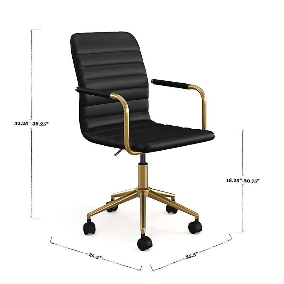 Martha Stewart Taytum Upholstered Office Chair, Black Faux Leather/Polished Brass Frame