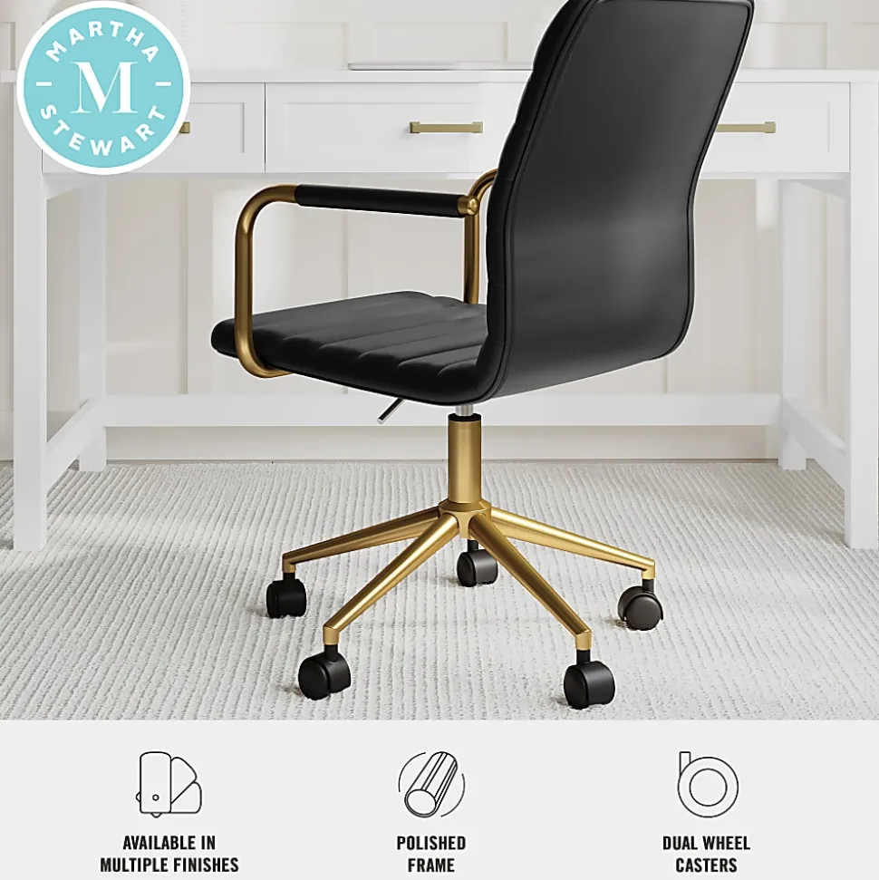 Martha Stewart Taytum Upholstered Office Chair, Black Faux Leather/Polished Brass Frame
