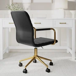 Martha Stewart Taytum Upholstered Office Chair, Black Faux Leather/Polished Brass Frame