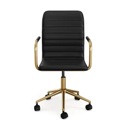 Martha Stewart Taytum Upholstered Office Chair, Black Faux Leather/Polished Brass Frame