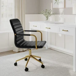 Martha Stewart Taytum Upholstered Office Chair, Black Faux Leather/Polished Brass Frame