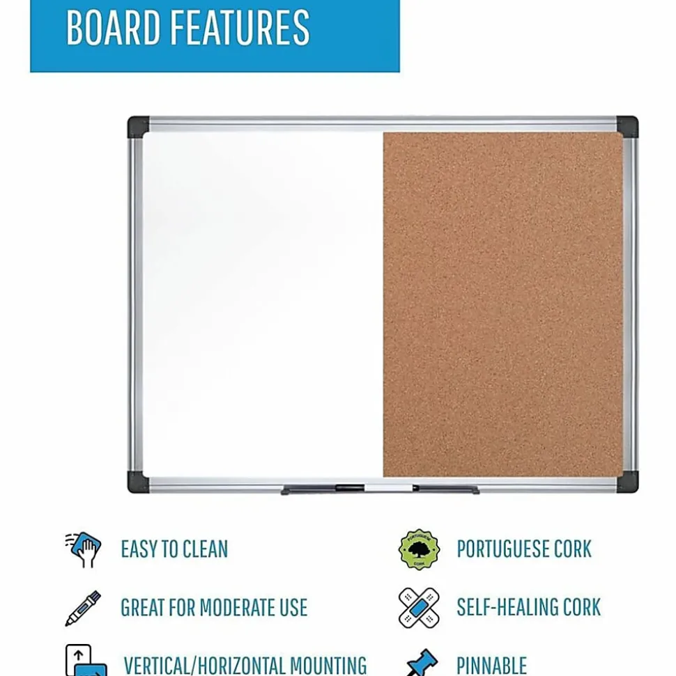 MasterVision® Cork/Non-Magnetic Melamine Dry-Erase Whiteboard Combination Board, 36" x 48", Silver Aluminum Frame