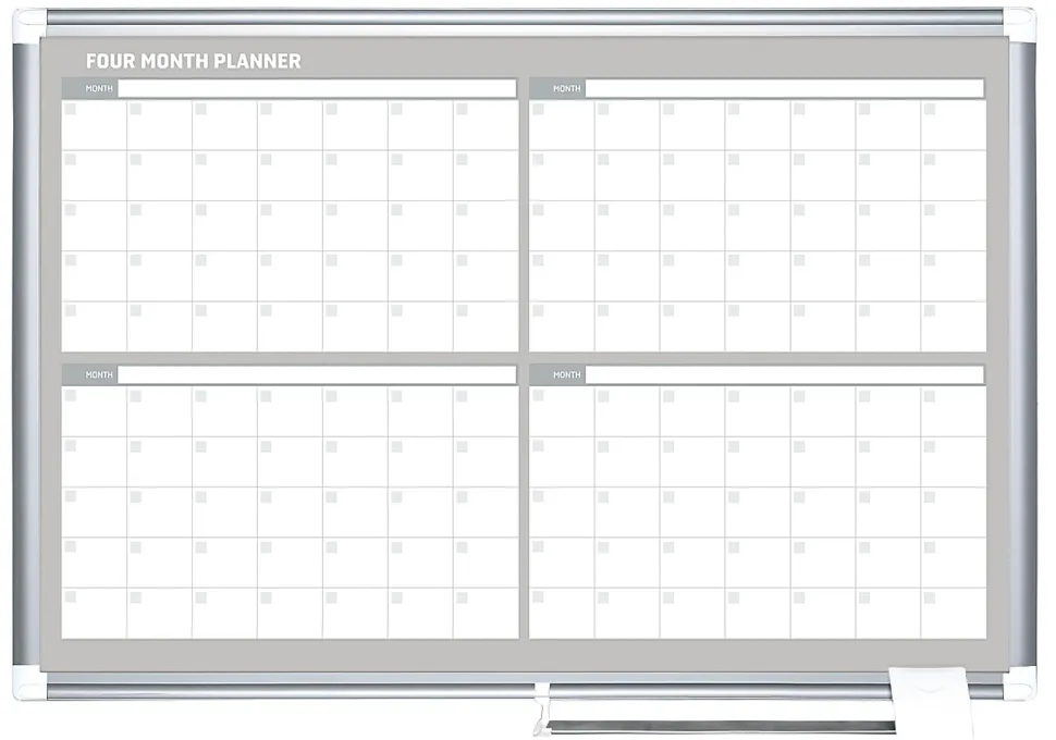 MasterVision® Dry-Erase Calendar Whiteboard With 4-Month Grid, 24” x 36”, Metal Frame With Gray Finish