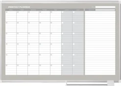 MasterVision® Gold Ultra™ Magnetic Dry-Erase Monthly Calendar Planning Board, Lacquered Steel, 48" x 36", White/Plate Gray, Silver Aluminum Frame