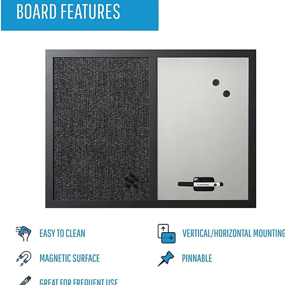 MasterVision® Magnetic Dry-Erase Whiteboard/Fabric Bulletin Combination Cubicle Board, 18” x 24”, Wood Frame With Black Finish