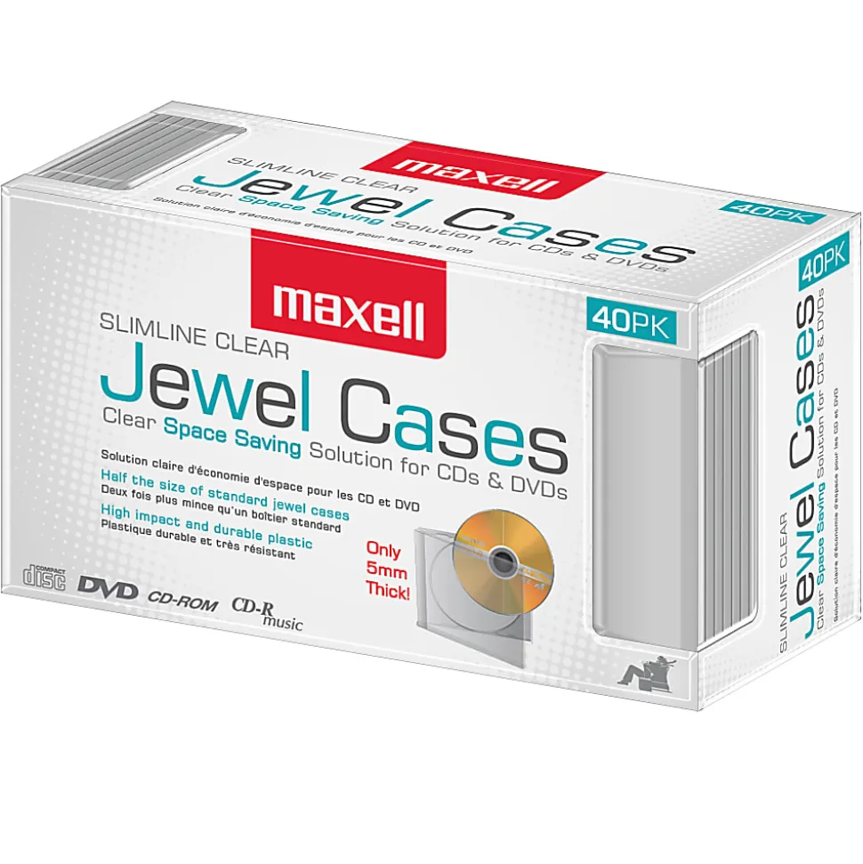 Maxell CD-365 Slimline Jewel Cases, Clear, Pack Of 40