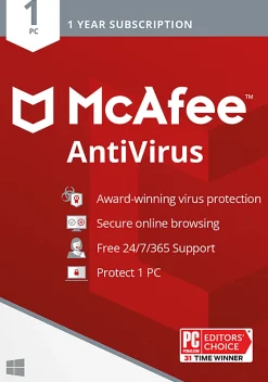 McAfee® AntiVirus, For 1 PC, Antivirus Internet Security Software, 1-Year Subscription, Product Key