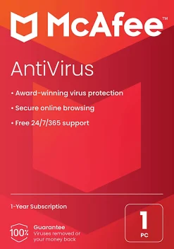 McAfee® AntiVirus Internet Security Software, For One PC, 1-Year Subscription, Windows®, Product Key