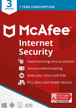 McAfee® Internet Security, For 3 Devices, Antivirus Software, 1-Year Subscription, Product Key