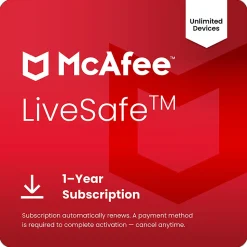 McAfee LiveSafe Antivirus & Internet Security Software, Unlimited Devices, 1-Year With Auto-Renewal, Digital Download