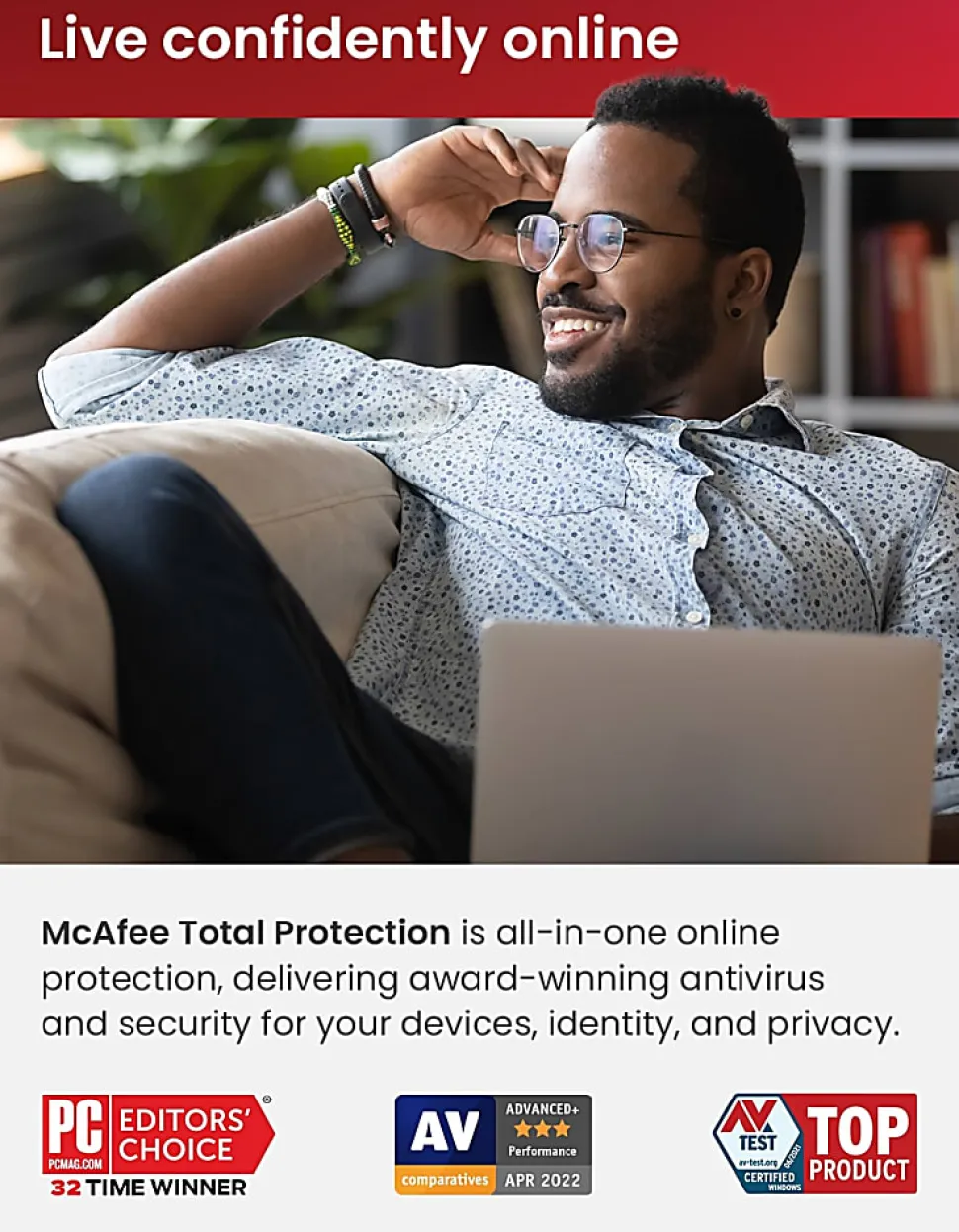 McAfee® Total Protection Antivirus & Internet Security Software, For One Device, 1-Year Subscription, Windows®/Mac®/Android/iOS/ChromeOS, Product Key