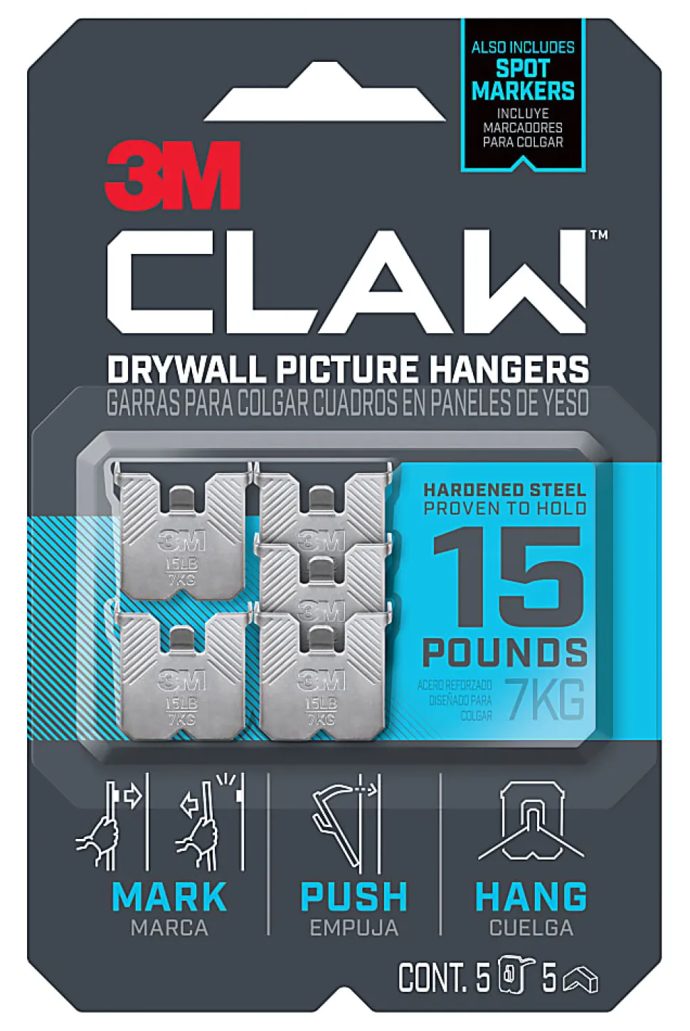 3M CLAW Drywall Picture Hanger with Spot Marker, 5 Wall Hangers, 5 Spot Markers, designed for heavyweight mirrors, frames, and home décor