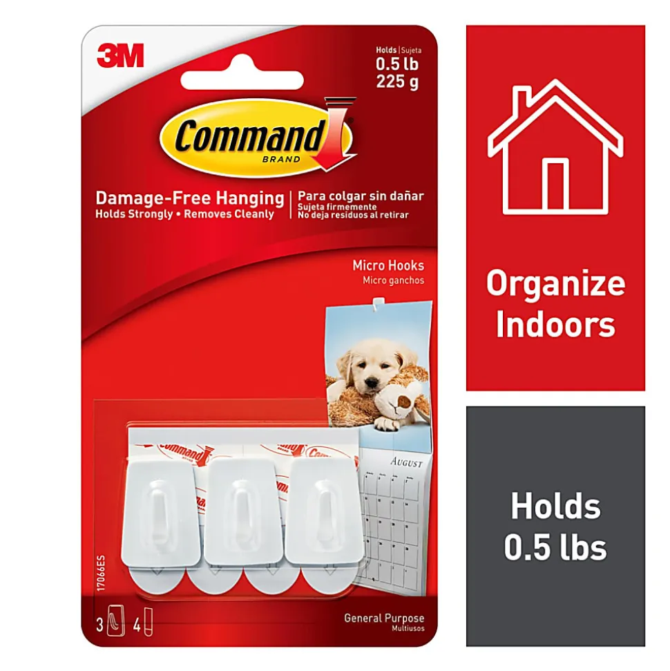 3M Command General Purpose Removable Plastic Hooks, Micro, 0.5 Lb Capacity, Pack Of 3