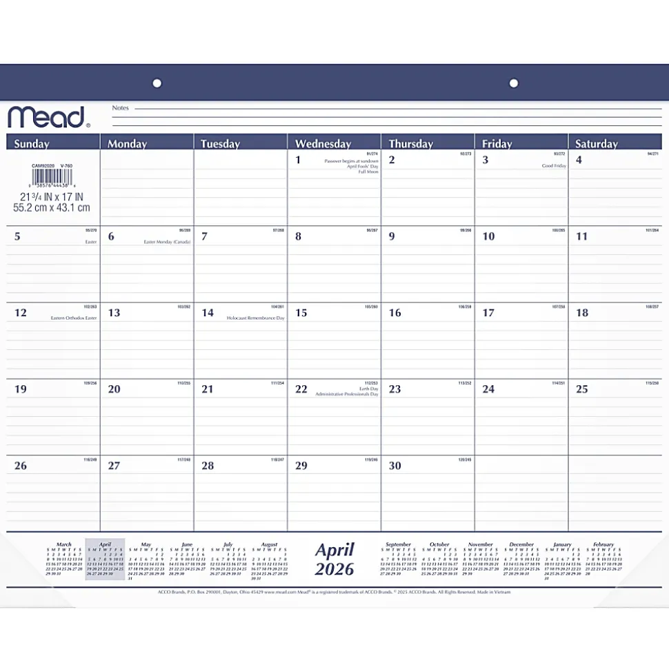 Mead® Basic Academic 2026-2027 Monthly Desk Pad Calendar, Standard, 21 3/4" x 17"
