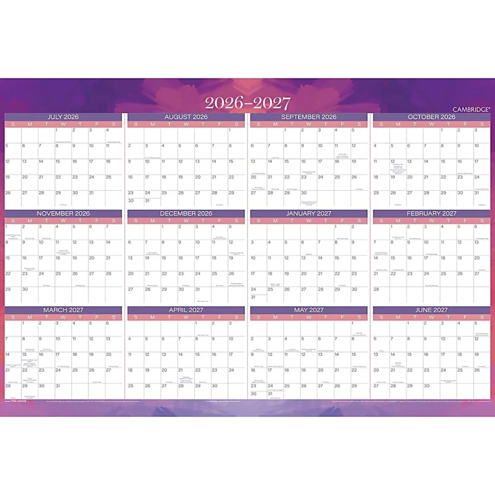 Mead Cambridge® Filbert 2026-2027 Erasable Wall Calendar, Reversible Academic Year/Regular Year, Large, 24" x 36"