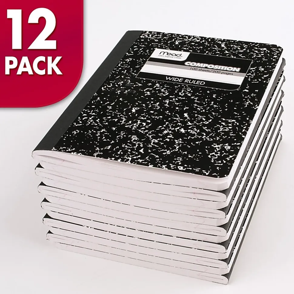 Mead® Composition Books, 7.5" x 9.75", Wide Ruled, 100 Sheets, Black Marble, Pack Of 12