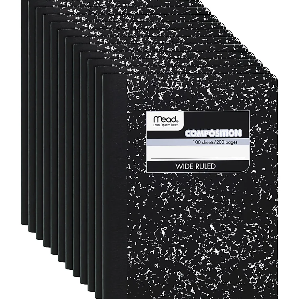 Mead® Composition Books, 7.5" x 9.75", Wide Ruled, 100 Sheets, Black Marble, Pack Of 12