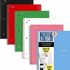 Mead® Five Star® Spiral Notebooks, 8.5" x 11", 3 Subject, College Ruled, 150 Sheets, Assorted, Pack Of 6