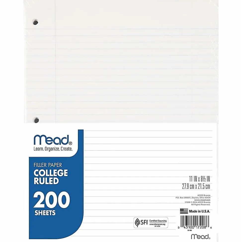 Mead Notebook Filler Paper - Letter - 200 Sheets - Spiral - 0.31" Ruled - Ruled Red Margin - 16 lb Basis Weight - 17208