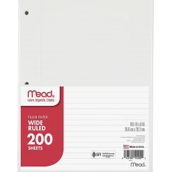 Mead® Notebook Filler Paper, Wide-Ruled, 8" x 10 1/2", 3-Hole Punched, White, Pack Of 200 Sheets