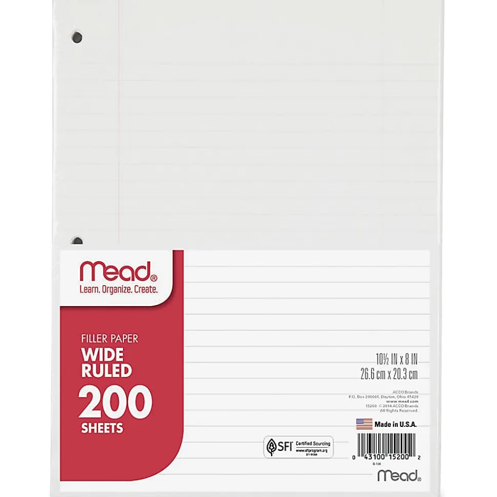 Mead® Notebook Filler Paper, Wide-Ruled, 8" x 10 1/2", 3-Hole Punched, White, Pack Of 200 Sheets