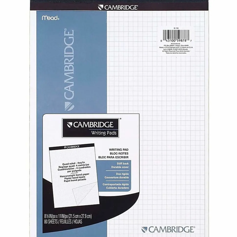 Mead® Quad-Ruled Stiff-Backed Planning Pad, Letter Size, 8 1/2" x 11", Assorted Paper Colors, Pad Of 80 Sheets