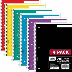 Mead® Spiral Notebooks, 1 Subject, Wide Ruled, 70 Sheets, Assorted Colors, Pack Of 4 Notebooks