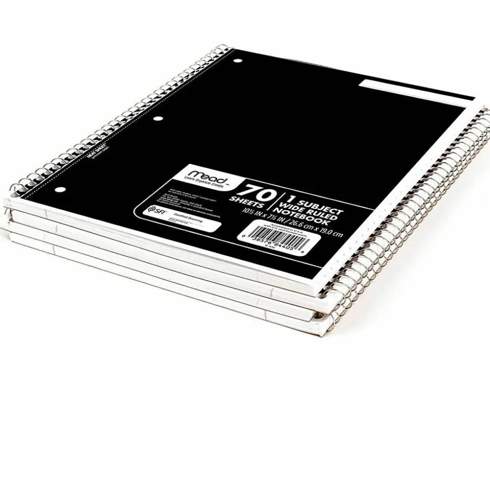 Mead® Spiral Notebooks, 1 Subject, Wide Ruled, 70 Sheets, Assorted Colors, Pack Of 4 Notebooks