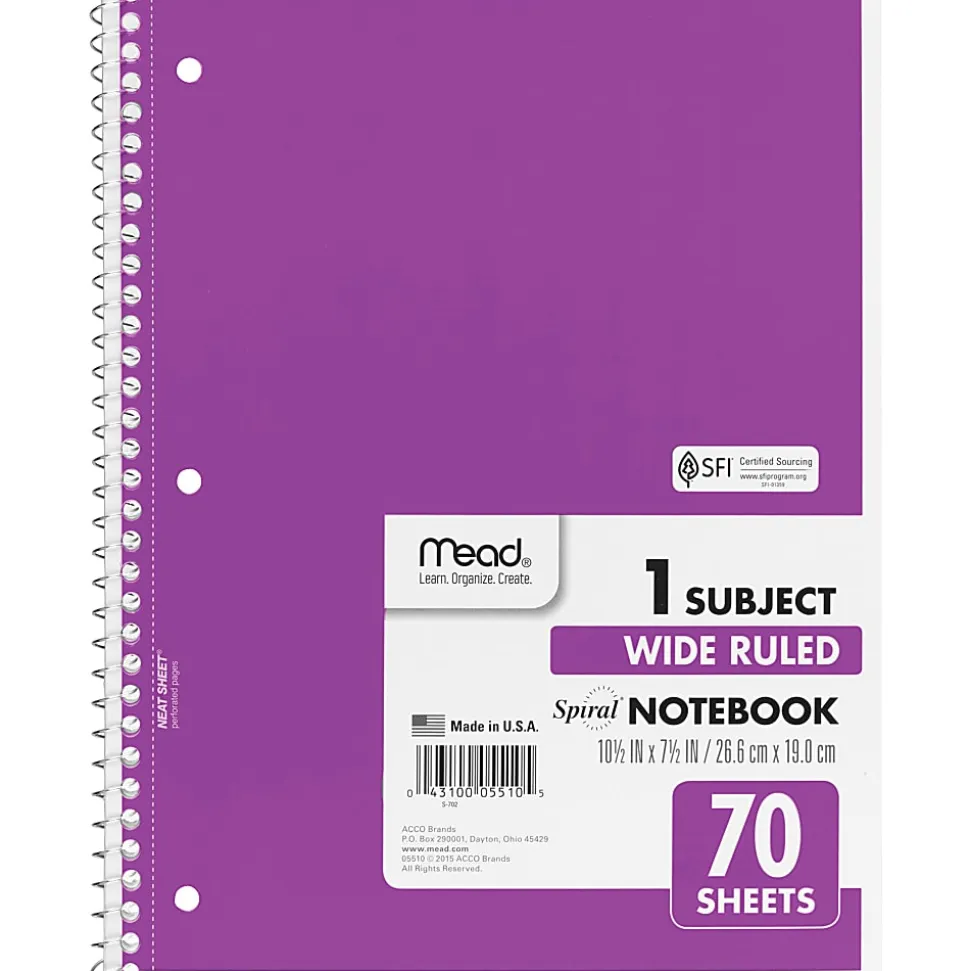 Mead® Spiral Notebooks, 8-1/2" x 10-1/2", 1 Subject, Wide Ruled, 70 Sheets, Assorted Colors, Pack Of 6 Notebooks