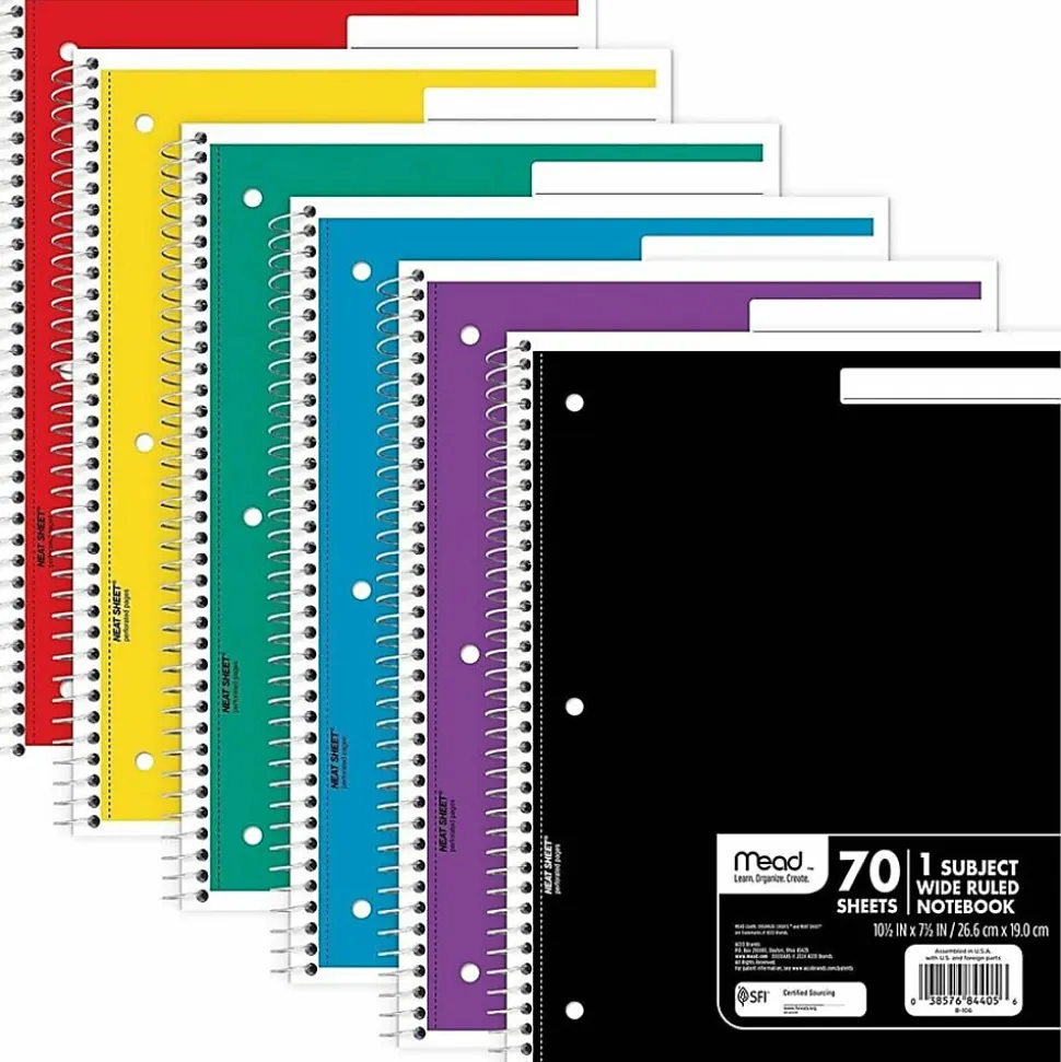 Mead® Spiral Notebooks, 8-1/2" x 10-1/2", 1 Subject, Wide Ruled, 70 Sheets, Assorted Colors, Pack Of 6 Notebooks