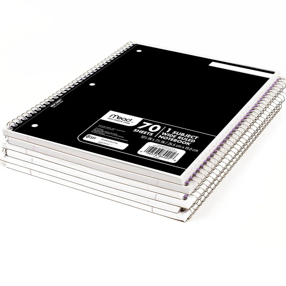 Mead Spiral Notebooks, 7-1/2" x 10-1/2", 1 Subject, Wide Ruled, 70 Sheets, Assorted Colors, Pack Of 6 Notebooks