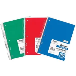 Mead® Spiral Notebooks, 8" x 10-1/2", 5 Subject, Wide Ruled, 180 Sheets, Assorted Colors, Pack Of 3 Notebooks