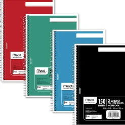 Mead® Wirebound Notebook, 6" x 9 1/2", 3 Subject, College Ruled, 300 Pages (150 Sheets), Assorted Colors