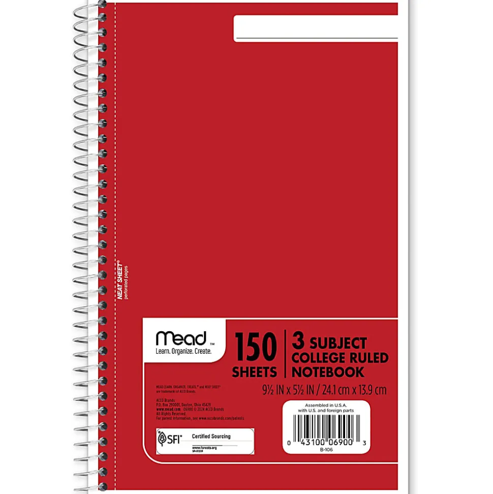 Mead® Wirebound Notebook, 6" x 9 1/2", 3 Subject, College Ruled, 300 Pages (150 Sheets), Assorted Colors