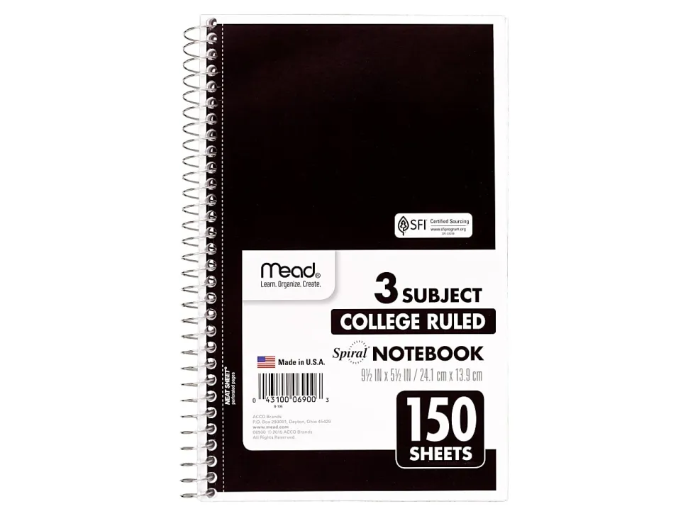 Mead® Wirebound Notebook, 6" x 9 1/2", 3 Subject, College Ruled, 300 Pages (150 Sheets), Assorted Colors