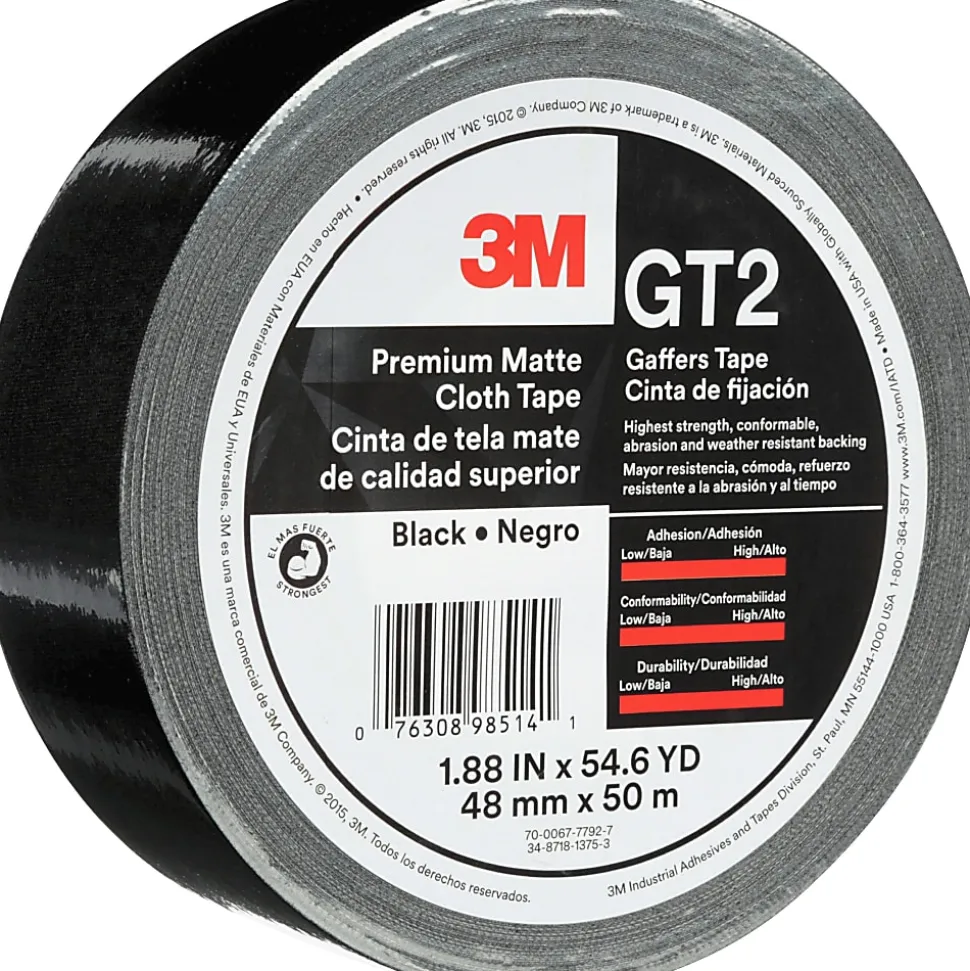 3M Gaffers Cloth Tape - 54.60 yd Length x 1.90" Width x 11 mil Thickness - Black - Vinyl - 1 Roll