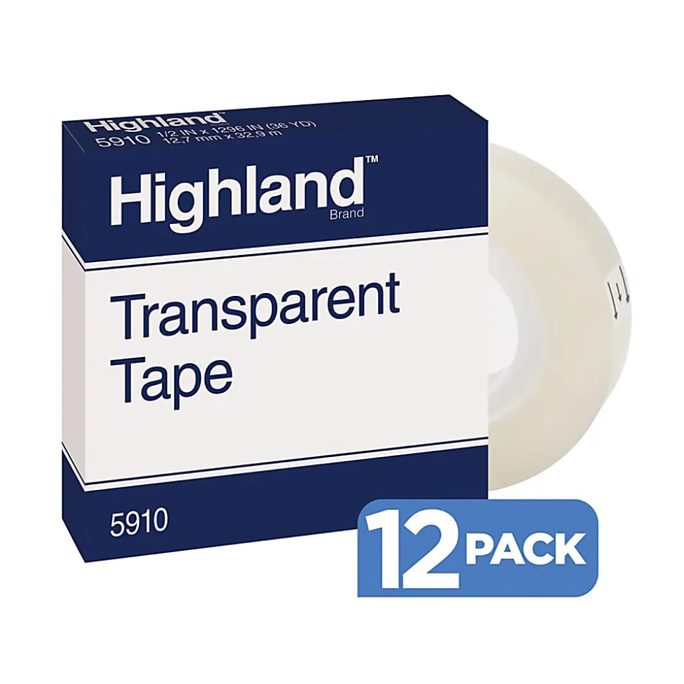 3M™ Highland™ 5910 Transparent Tape, 1/2" x 1,296, Pack Of 12