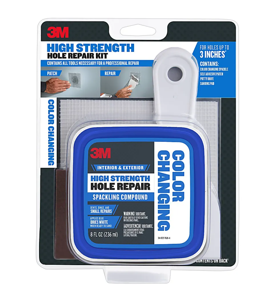 3M High Strength Hole Repair Kit, 1 Kit, Heavy Duty, Waterproof, Blue-to-White Color Changing Spackling Compound, Wall Filler
