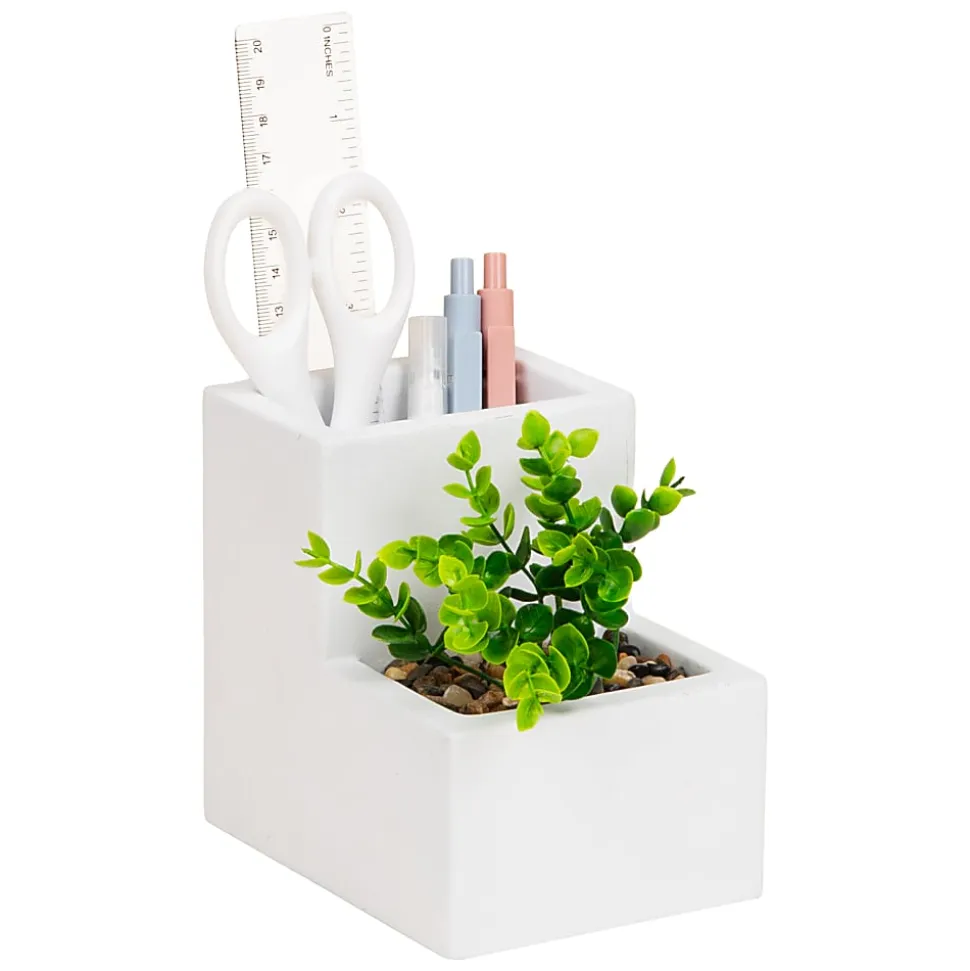 Mind Reader Ceramic Desktop Planter Pencil Cup, 4-3/4"H x 5"W x 3-3/4"D, White, Total Quantity 1