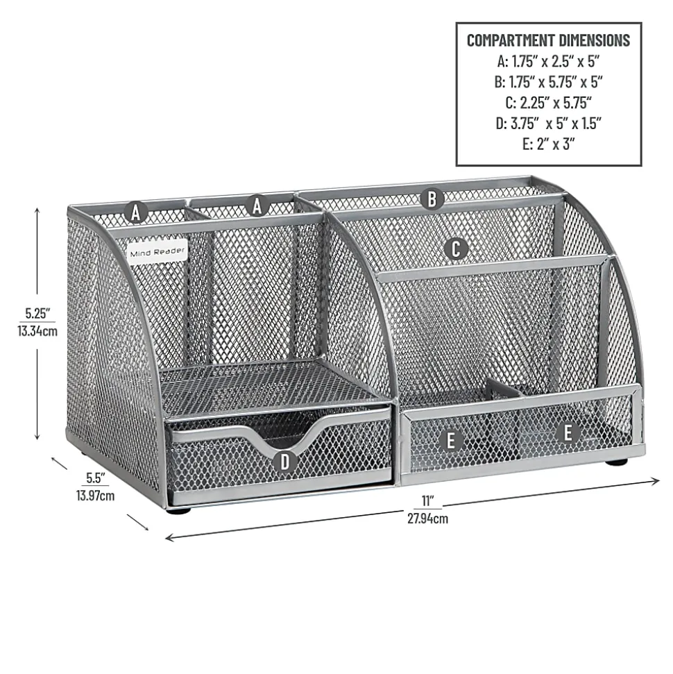 Mind Reader 7-Compartment Desktop Organizer, 5-1/4”H x 5-1/2”W x 11”D, Silver