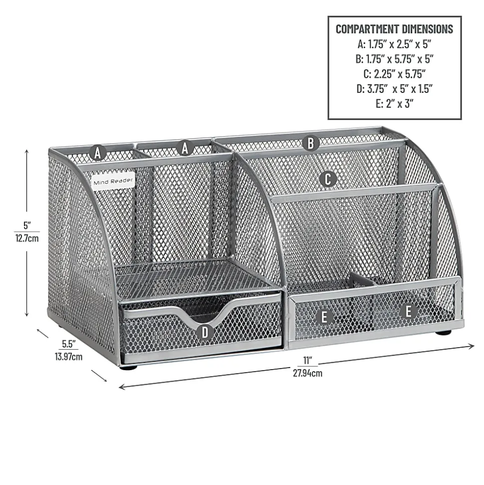 Mind Reader 7-Compartment Desktop Organizer, 5-1/4”H x 5-1/2”W x 11”D, Silver