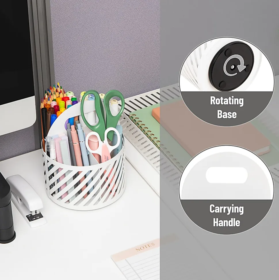 Mind Reader 4-Compartment Round Metal Desktop Carousel Organizer With Handle, 7-1/4”H x 6”W x 6”D, White, Total Qty 1