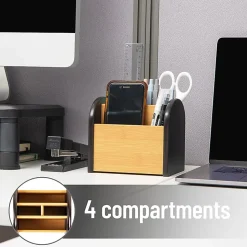 Mind Reader Desktop Organizer with 3 Compartments, Wood, 5"H x 4-1/2"W x 5-1/2"L, Black