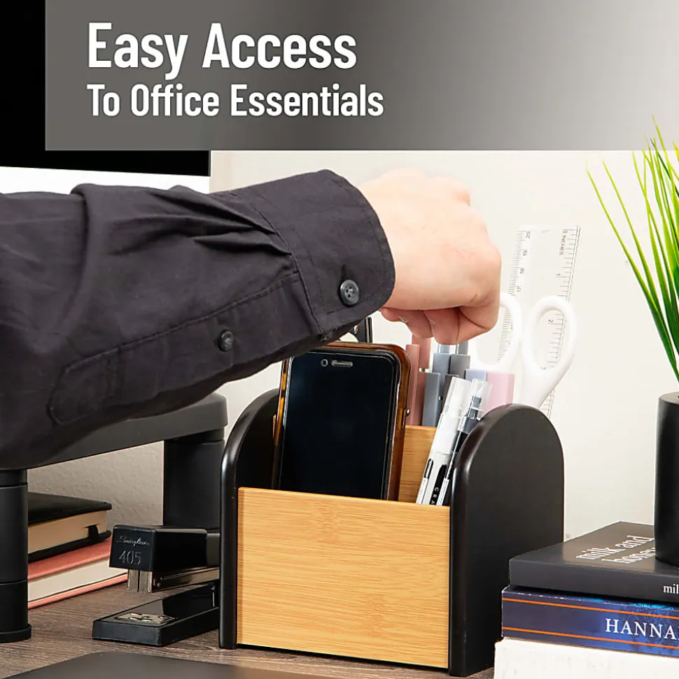 Mind Reader Desktop Organizer with 3 Compartments, Wood, 5"H x 4-1/2"W x 5-1/2"L, Black