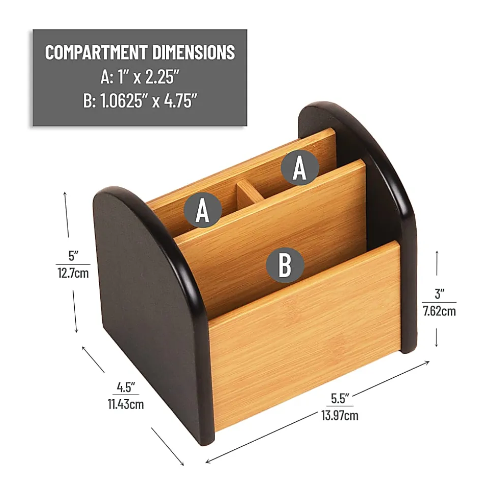 Mind Reader Desktop Organizer with 3 Compartments, Wood, 5"H x 4-1/2"W x 5-1/2"L, Black