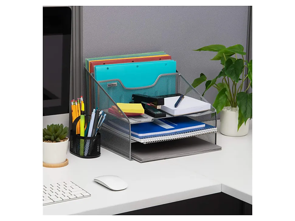 Mind Reader Desktop Vertical Paper Tray Organizer, 9-1/2” H x 11-1/2” W x 12-1/2” D, Silver