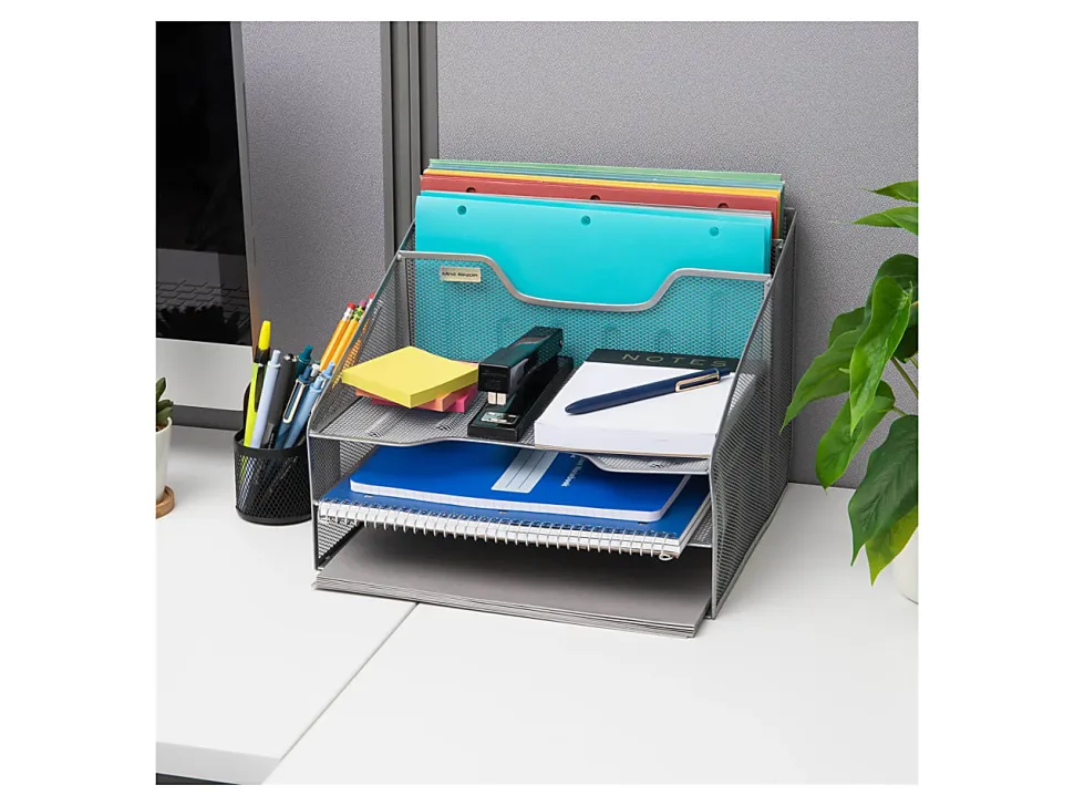 Mind Reader Desktop Vertical Paper Tray Organizer, 9-1/2” H x 11-1/2” W x 12-1/2” D, Silver